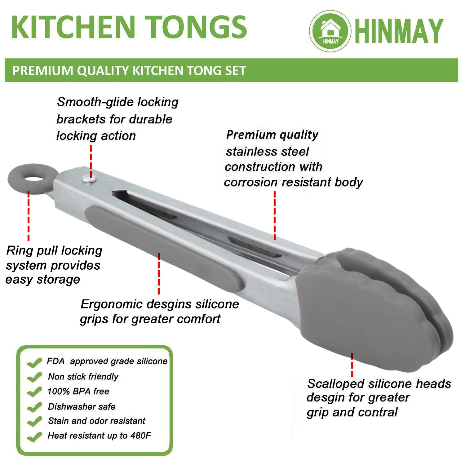 Hinmay Mini Tongs With Silicone Tips 7 Inches Stainless Steel Appetizer Tongs, Set Of 3 (Gray)